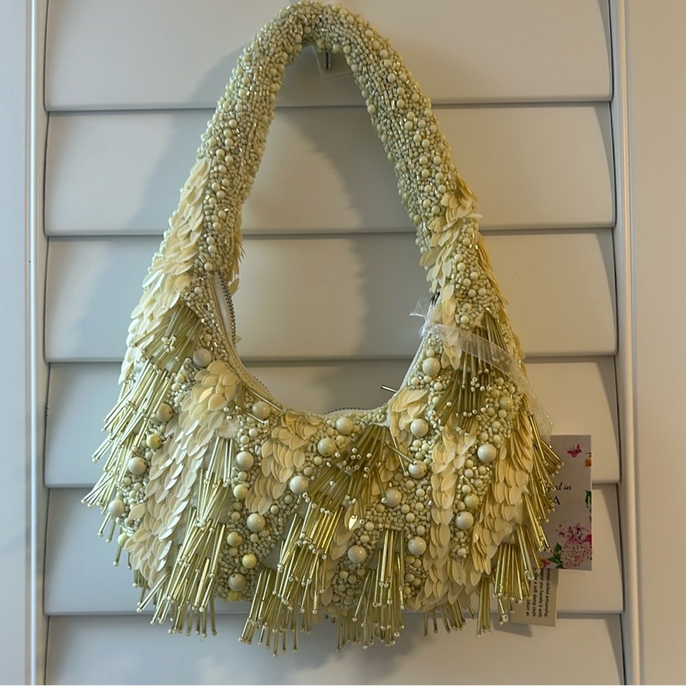 Viral Beaded Butter Yellow Beaded Sequins Fringe Shoulder Bag